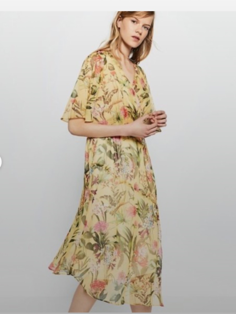 Zara Pale Yellow Floral Wrap Maxi Dress